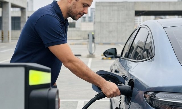 Motorista recarregando um carro elétrico